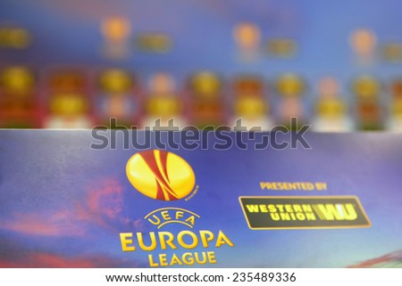 THESSALONIKI, GREECE - NOV 11, 2014 : Europa League board prior to the press conference for the UEFA Europa League match Paok vs Fiorentina.