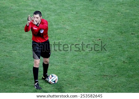 THESSALONIKI, GREECE NOVEMBER 9, 2014 : The referee shows the whistle during the Greek Superleague match PAOK vs Panathinaikos
