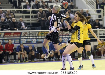 THESSALONIKI, GREECE, MARCH 27, 2015: Handball player in action during the Greek Women Cup Final handball game  Paok vs Nea Ionia