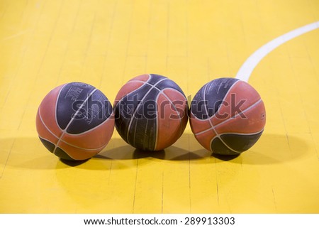 THESSALONIKI, GREECE,  JUN 17, 2015: Close-up of a baskeball on the ground during the Greek Basket League game Aris vs Paok