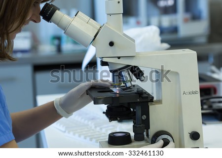 Thessaloniki, Greece- March 3, 2015: Women working in Microbiology - Biochemical Laboratory and the National Reference Center for Mycobacteria in Greece.