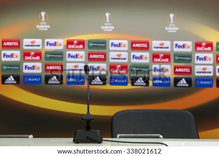 Thessaloniki, Greece, Oct  1, 2015: Empty press conference room before the UEFA Europa League match between PAOK vs Borussia Dortmund played at Toumba Stadium
