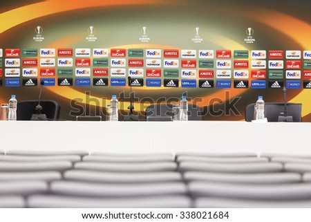 Thessaloniki, Greece, Oct  1, 2015: Empty press conference room before the UEFA Europa League match between PAOK vs Borussia Dortmund played at Toumba Stadium