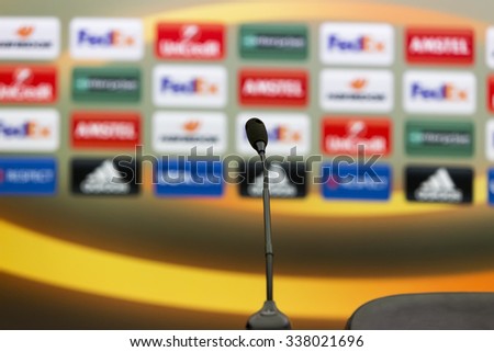 Thessaloniki, Greece, Oct  1, 2015: Empty press conference room before the UEFA Europa League match between PAOK vs Borussia Dortmund played at Toumba Stadium. Image with shallow depth of field