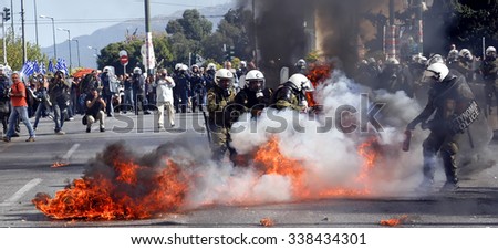 Athens, Greece, November, 12 2015: Clashes have broken out between riot police and youths at a demonstration in central Athens during the general strike.
