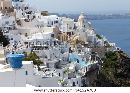Santorini, Greece- May 13, 2015: View of houses and hotel in Santorini island, Aegean sea in Greece.