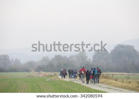 Idomeni, Kilkis, Greece, November 21 2015: Walking immigrants arrives at the border between Greece and FYROM. They will wait for the right time to continue their journey from unguarded passages