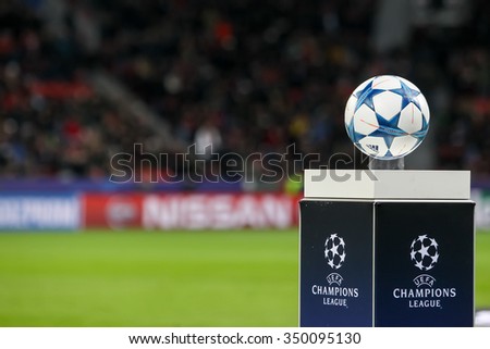 Leverkusen, Germany- December 9, 2015: The ball of the Champions League on a pedestal close-up during the UEFA Champions League game between Bayer 04 Leverkusen vs Barcelona at BayArena stadium
