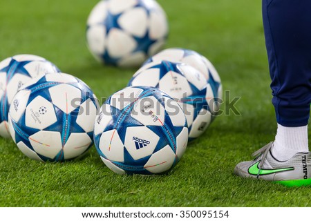 Leverkusen, Germany- December 9, 2015: Champions League football balls in the field before the match of the Champions League  Bayer 04 Leverkusen vs Barcelona at BayArena stadium