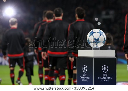 Leverkusen, Germany- December 9, 2015: The ball of the Champions League on a pedestal close-up during the UEFA Champions League game between Bayer 04 Leverkusen vs Barcelona at BayArena stadium