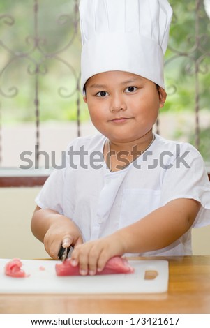 Asian kids are cooking the sushi