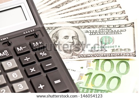 Business picture: money and calculator over white (selective focus)