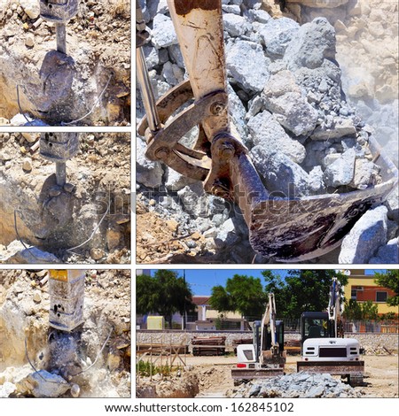 Collage construction site: Excavator with hammer engaged in excavation of foundation