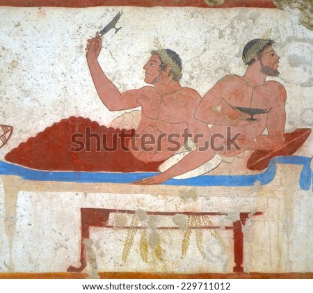 Detail ancient Greek Fresco in Paestum, Italy