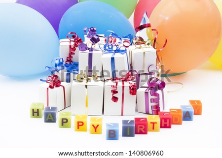 Birthday Gifts and Balloons on White Background