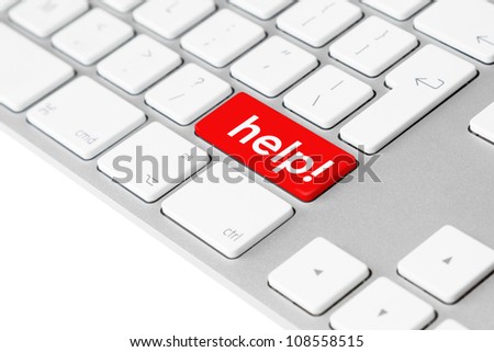 Photo of a computer keyboard with one red key showing the word help!� symbolising emergency, stress and frustration.