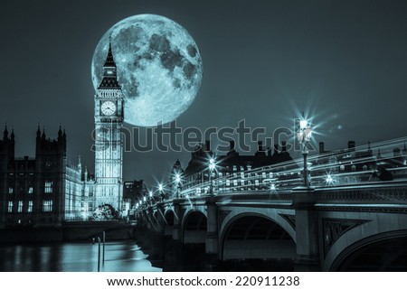 Big Ben and the Houses of Parliament in London with full moon