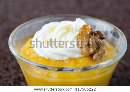pudding with pumpkin and mango closeup