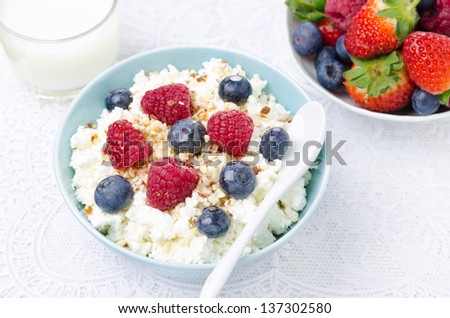 bowl of cottage cheese with berries, honey and nuts, fresh berries and milk for breakfast, closeup