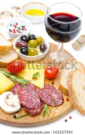 appetizers - salami, cheese, bread, olives, tomatoes and glass of wine on white background