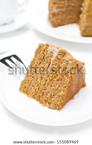 piece of honey cake on a white plate, close-up