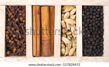 Wooden box with different kinds of spices, close-up