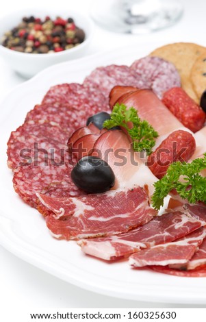 assorted deli meats on a plate, close-up, vertical