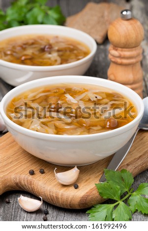 traditional Russian cabbage soup (shchi) with wild mushrooms and garlic, vertical