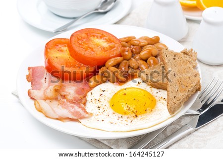 Traditional English breakfast with fried eggs, bacon, beans and toast close-up
