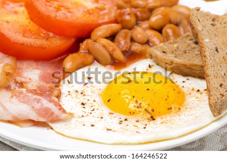 English breakfast with fried eggs, bacon and beans, close-up