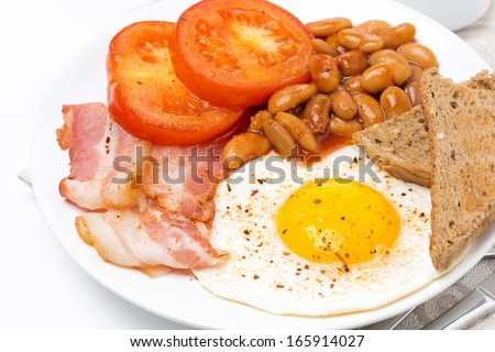 Traditional English breakfast with fried eggs, bacon, beans and toast on the plate, close-up