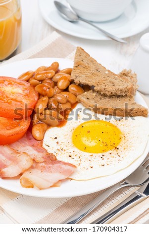 Traditional English breakfast, vertical, close-up
