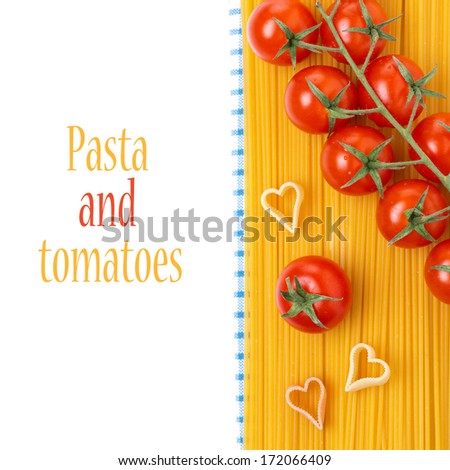 spaghetti, pasta in the form of hearts and cherry tomatoes, isolated on white