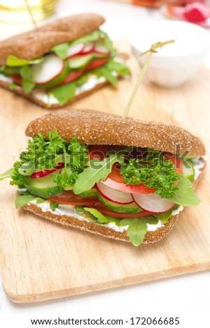 Healthy food - sandwich with cottage cheese, greens and vegetables, close-up