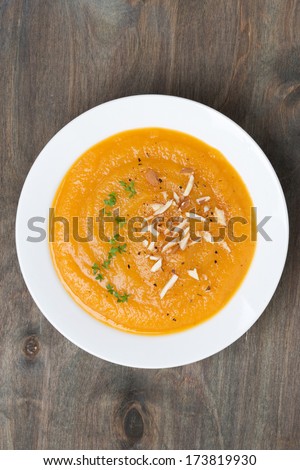 Carrot Soup With Almonds, Top View, Vertical