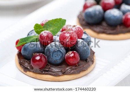delicious mini cakes with chocolate cream and berries, close-up