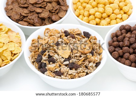 granola and various breakfast cereals, close-up, horizontal