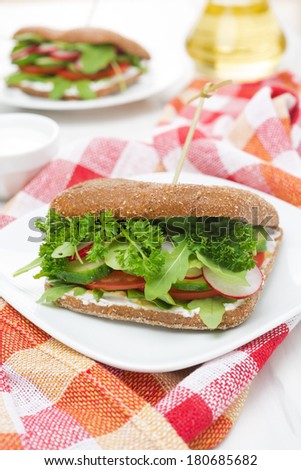 Healthy food - sandwich with cottage cheese and vegetables, close-up