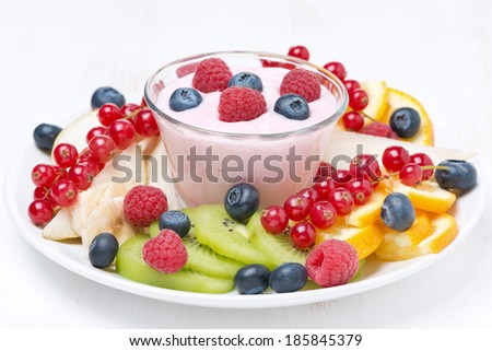 Assorted fresh fruit and berries and fruit yogurt, close-up
