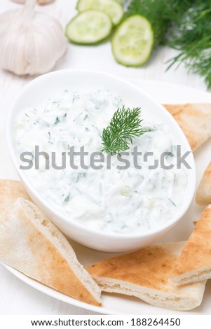 yoghurt sauce tzatziki with pieces of pita bread, top view, vertical
