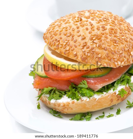 healthy burger with cheese, salmon and vegetables, close-up