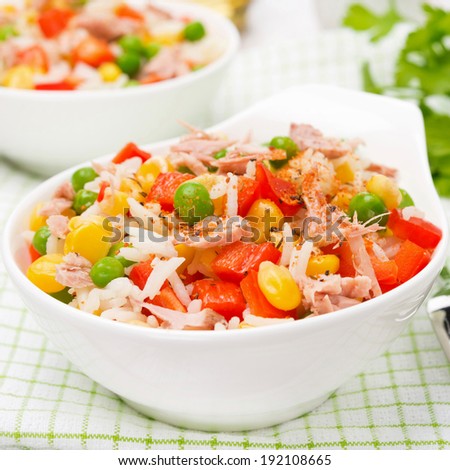 rice with vegetables and canned tuna, close-up