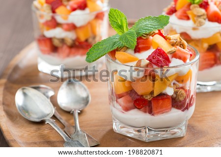 fruit dessert with whipped cream, mint and granola, close-up, horizontal