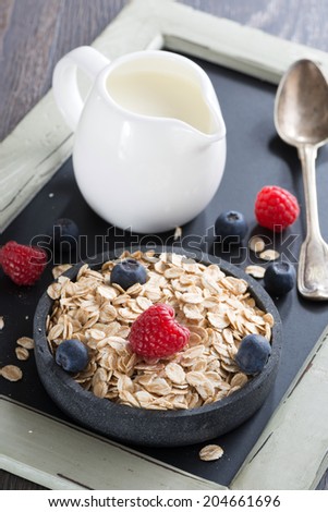 healthy food - cereal, fresh berries and jug of milk, close-up, vertical