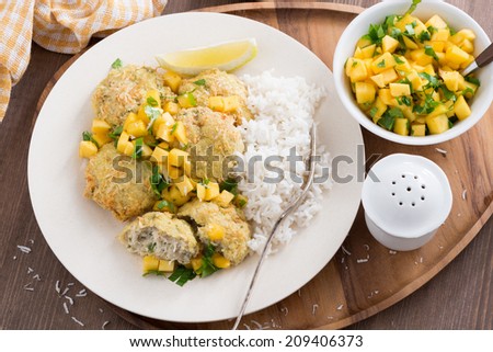 fish cakes with mango salsa and white rice, top view, horizontal