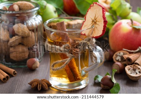 apple cider with spices in glass mug, close-up