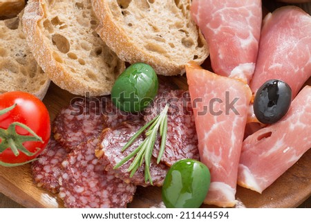 assorted Italian antipasti - deli meats, olives and bread, close-up, top view
