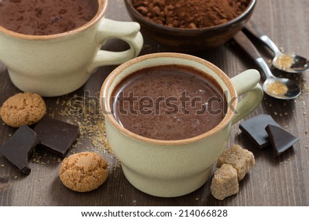 cup of hot chocolate and sugar cubes, horizontal, close-up