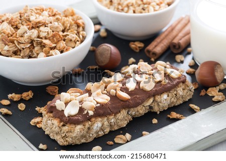 oat bar with chocolate and nuts, close-up