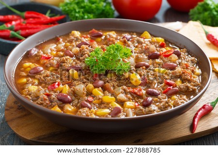 Mexican dish chili con carne, close-up